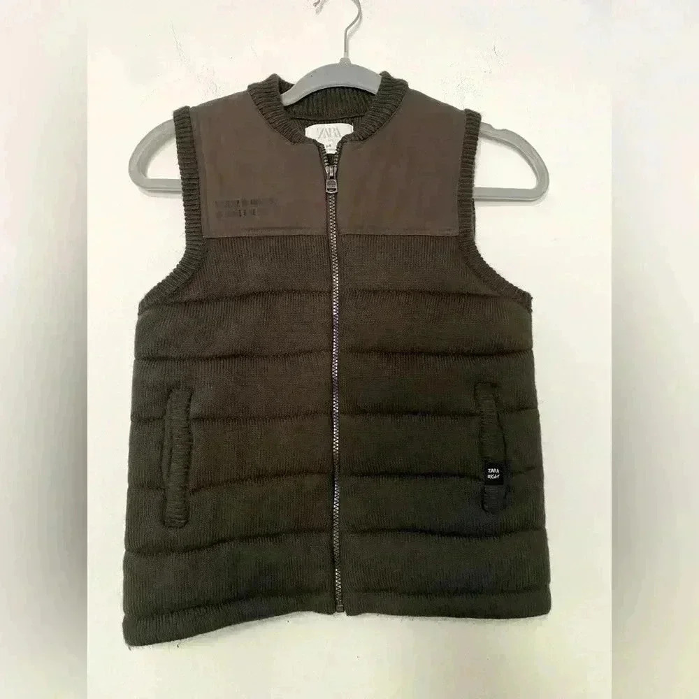 Zara Kids Army Green Knit & Canvas Vest - Picture 1 of 4